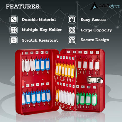 AdirOffice Key Lock Box – 48 Key Hooks Wall Mounted Key Cabinet Lock Box, Car Keys Holder Box, Lockable Key Storage Box - Metal Key Box Organizer with for Home and Office