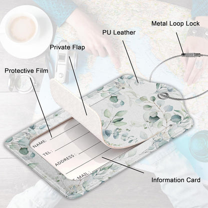 2Pcs Luggage Tag for Suitcase Sage Floral Green Leaves Cute Suitcase Tag with Privacy Flap & Name ID Label & Metal Loop,Travel Bag Luggage Tags for Women