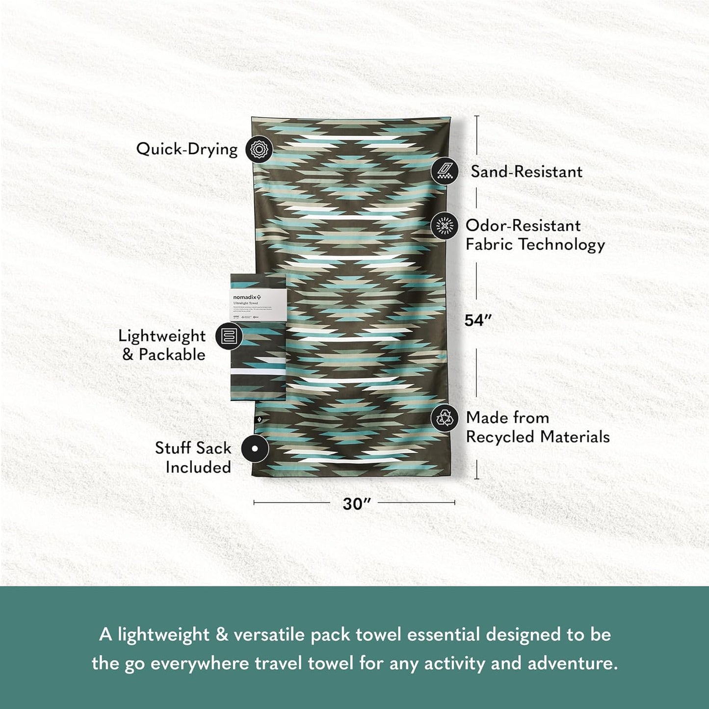 Nomadix Ultralight Towel - Quick Dry & Super Lightweight - Perfect As A Pack Towel to Save On Space - Made with Recycled Materials - Jackson Green - 30"x54"