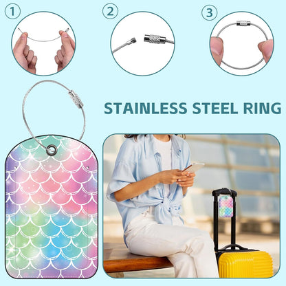 2 Pack Cute Luggage Tag for Suitcases Tie-dye Fish Scale Leather Luggage Tags with Stainless Steel Loop Privacy Flap Name Tags,Men and Women Travel Bag Suitcase Tags