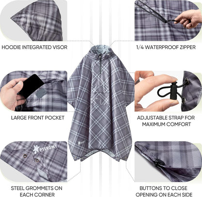 PTEROMY Hooded Rain Poncho for Adult with Pocket, Waterproof Lightweight Unisex Raincoat for Hiking Camping Emergency