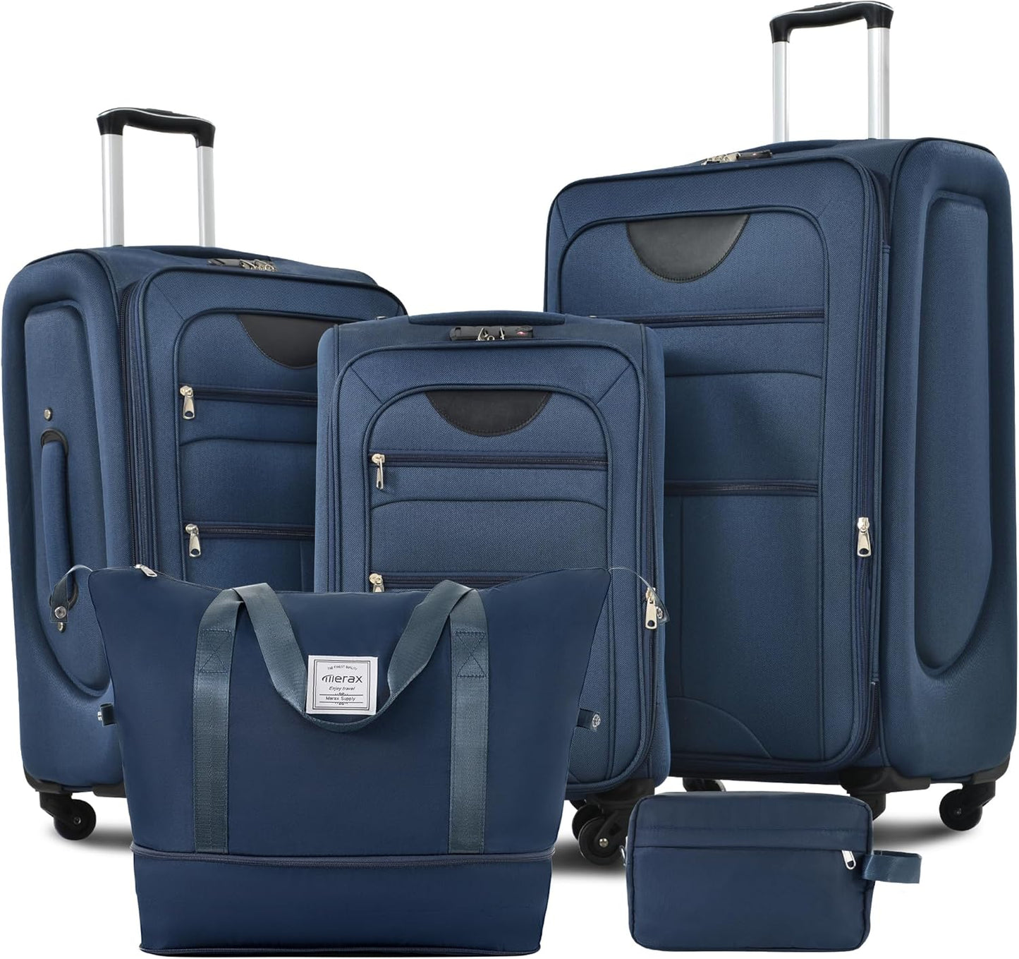 Merax Softside Luggage Set Softshell Lightweight 3 Piece Spinner Suitcase with Duffel Bag Expandable Upright Travel Luggage 22" 26" 30",Deep Blue