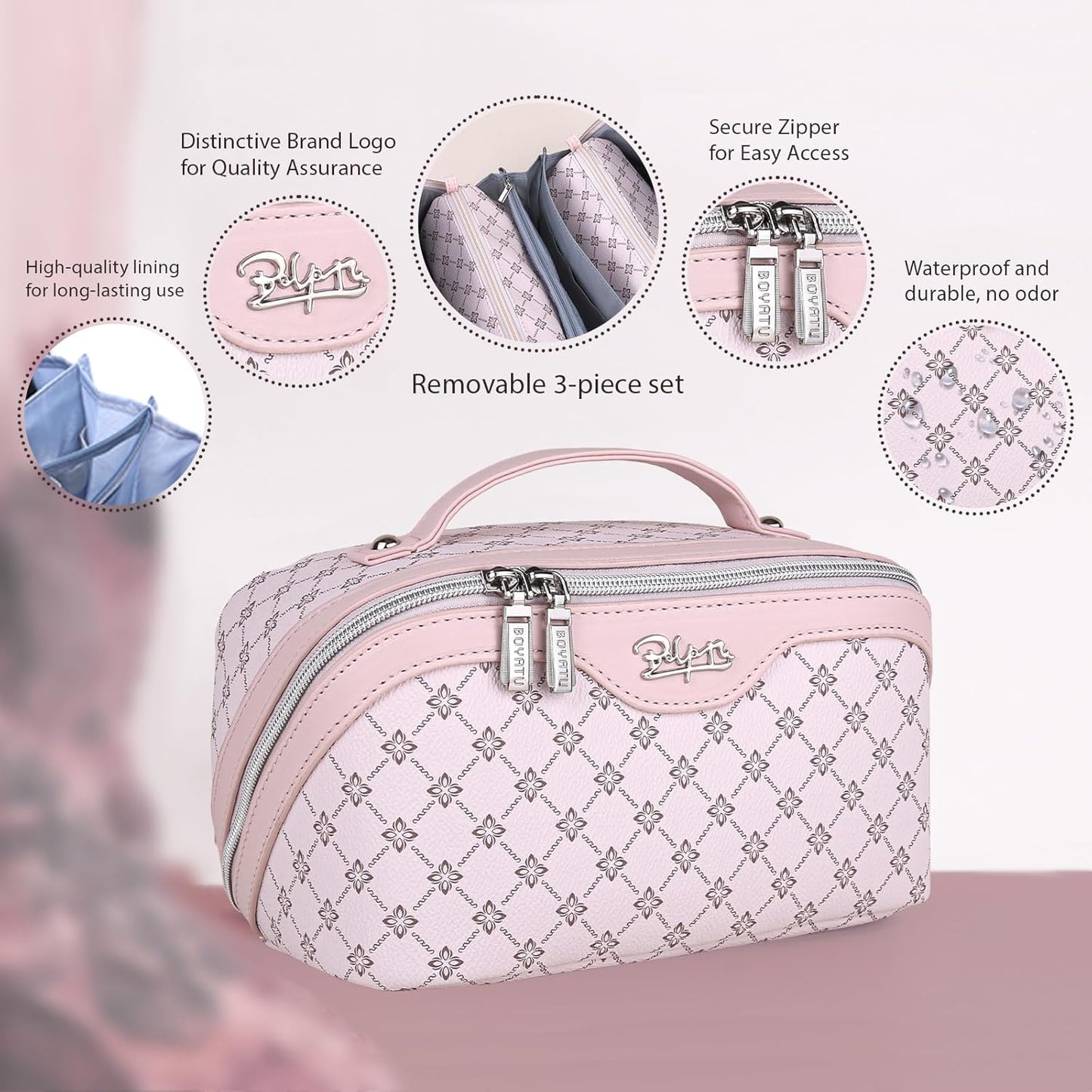 BOYATU Travel Makeup Bag Cosmetic Bags for Women: 3 Pcs Set Portable Make up Bag with Handle - Vegan Leather Toiletry Bags with Compartments - Makeup Organizer for Travel Essentials(01-Pink)