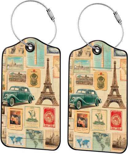 Luggage Tags for Suitcases, 2-Pack PU Leather for Cruise & Travel, Baggage ID Tags with Privacy Cover & Address Card, Durable Metal Ring, Kids Adults Travel Accessories, Vintage Travelogue