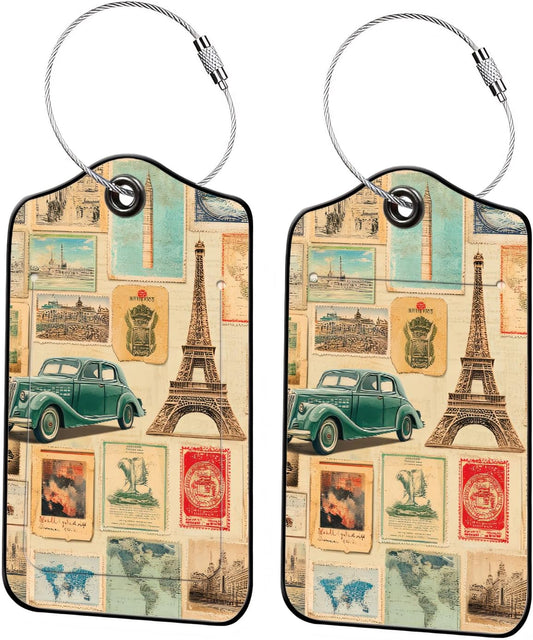 Luggage Tags for Suitcases, 2-Pack PU Leather for Cruise & Travel, Baggage ID Tags with Privacy Cover & Address Card, Durable Metal Ring, Kids Adults Travel Accessories, Vintage Travelogue