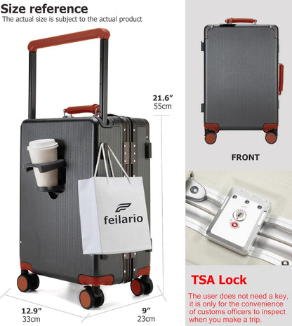feilario 20'' Aluminum Frame Wide Handle PC Hardside Carry On Luggage - Double Spinner Wheels Luxury Rolling Travel Suitcase with TSA Lock & Cup Holder