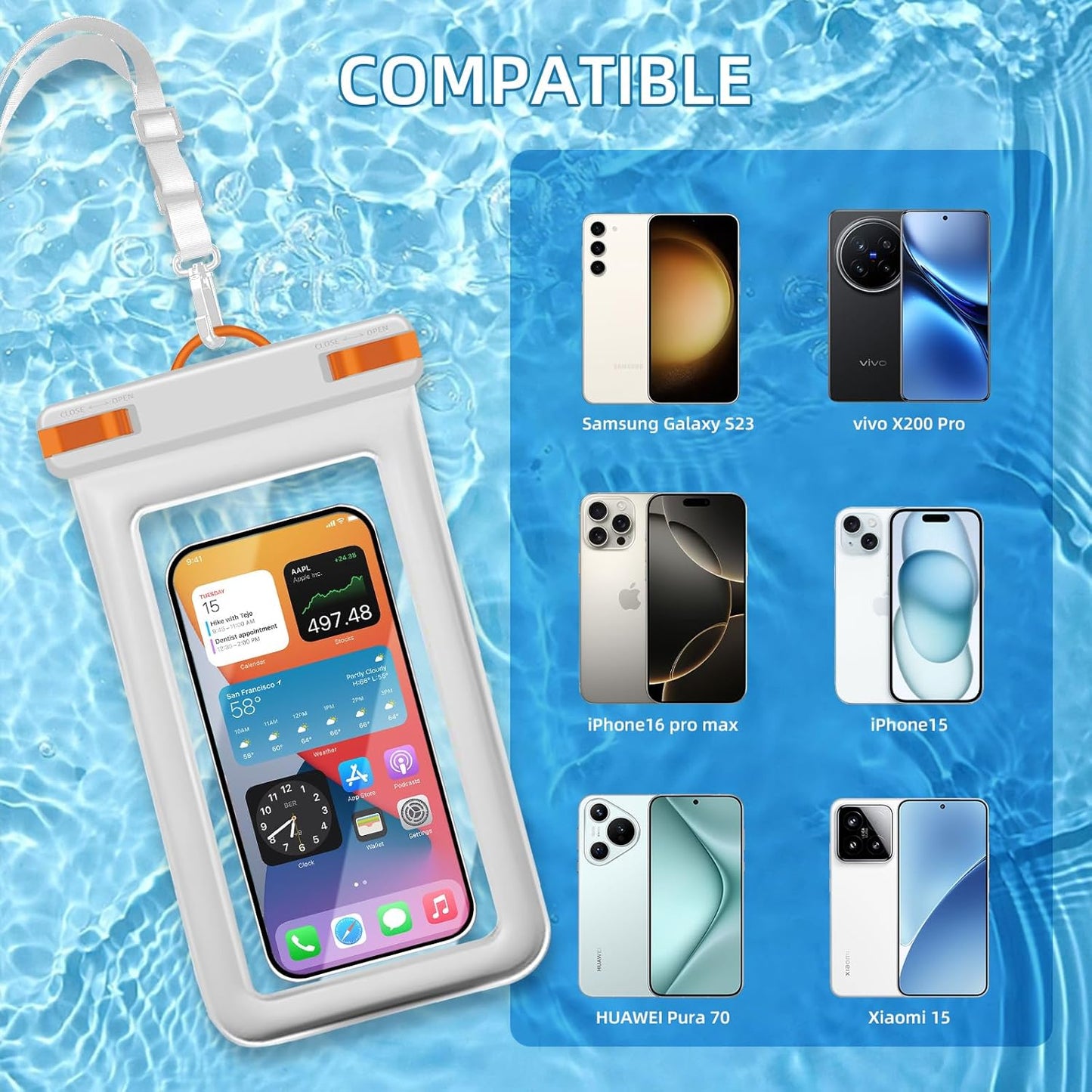IPX8 Floating Waterproof Phone Case 2-Pack,7.2 Inch Waterproof Phone Pouch for iPhone 16/15/14 Pro Max Galaxy S24/S23 Adjustable Lanyard + Wrist Strap Beach Swimming Travel Essentials