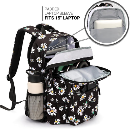 ZORFIN 26L Backpack for College, and Travel: Water Resistant Bookbag - Daisy Black