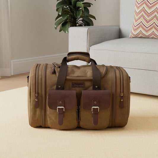 Wildroad 50L Travel Duffel Bag, Expandable Canvas Genuine Leather Duffle Bag Upgraded Overnight Weekender Carry on Bag
