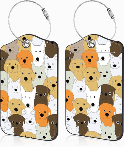 Cute Doodle Dog Set of 2 Luggage Tags for Suitcases Leather Suitcase Tags Identifiers with Privacy Name Address Label and Stainless Steel Loop for Women Men Travel Luggage Accessories