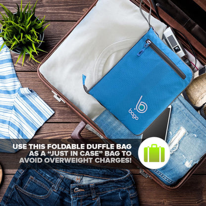 Bago Foldable Duffel Bags for Traveling Women & Men - 40L Sports Packable Duffle Bag for Travel with Shoe Compartment - Water Repellant, Heavy Duty, Lightweight Folding & Collapsible (Blue)