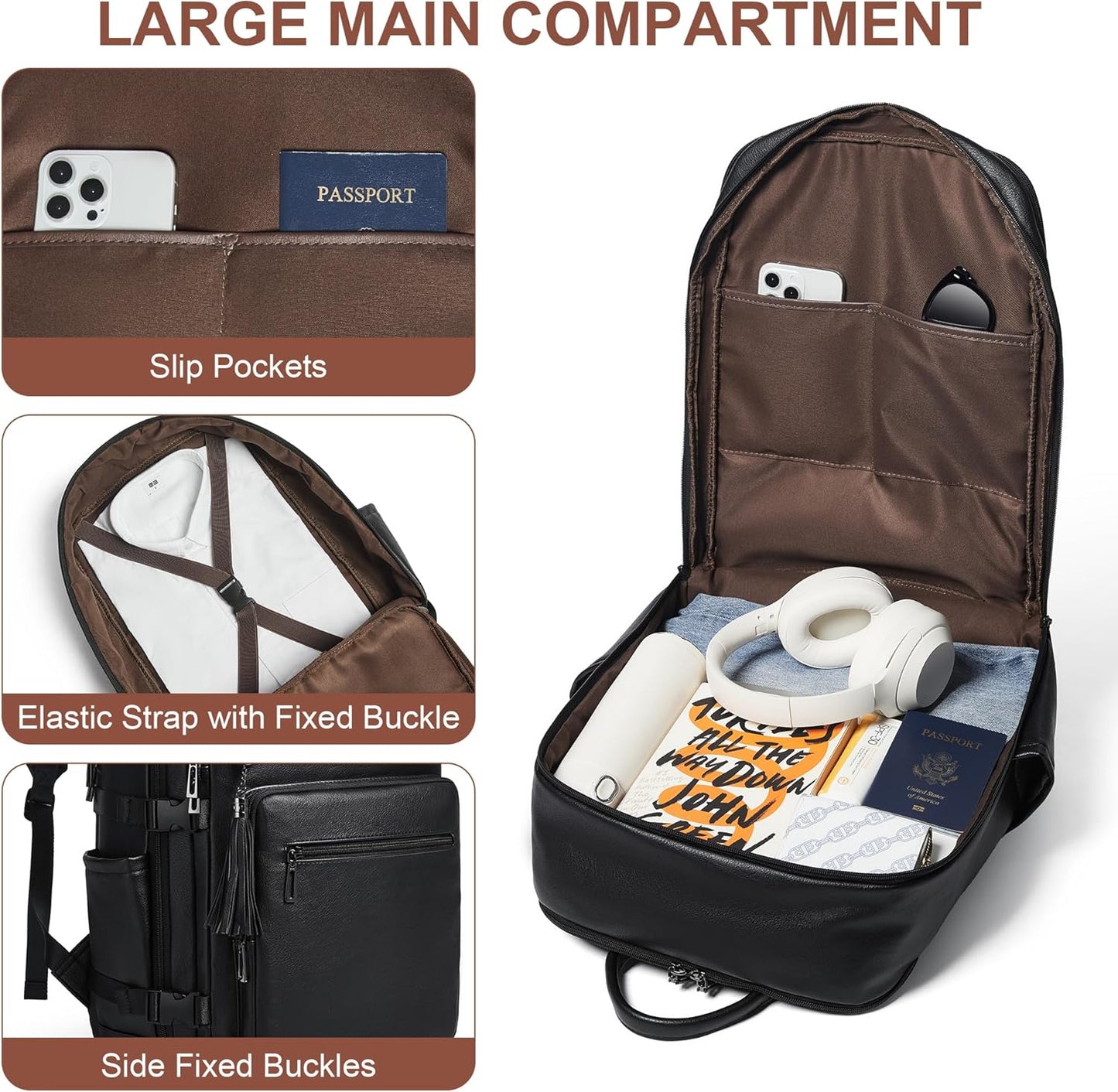 Shrrie Laptop Backpack for Women,Vegan Leather Backpack Work Computer Backpacks fits 16" Laptop,Water Resistant Teacher Nurse Casual Daypack for Weekender Camping Travel,Two-toned Black