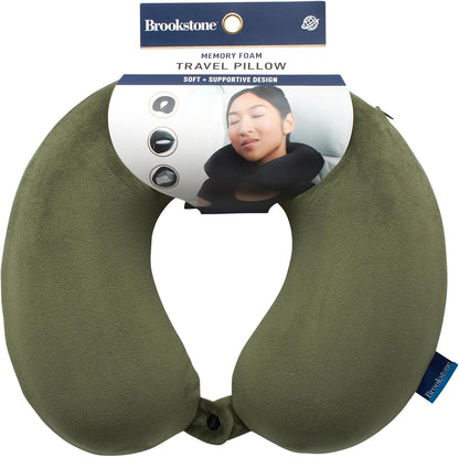 Brookstone Travel Neck Pillow - Lightweight Fleece Casing U-Shaped Stuffable Memory Foam Travel Pillow for Sleeping and Neck Support, Olive