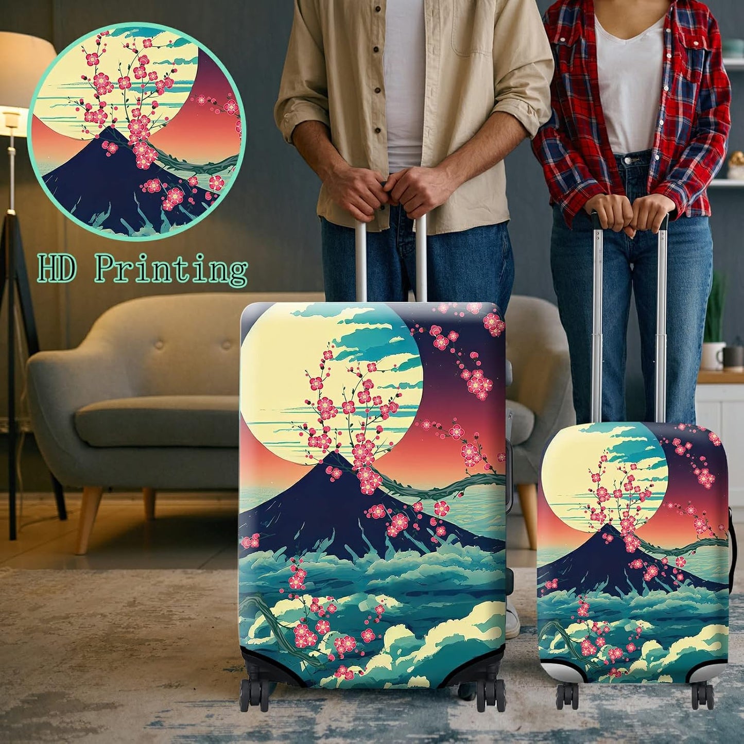 Luggage Cover Suitcase Protector + Luggage Tag, Landscapes Sakura Mount Fuji Travel Suitcase Cover for 22-24 inch Luggage (M) with Concealed Zipper Washable Elastic Cloth Dustproof Anti-Scratch