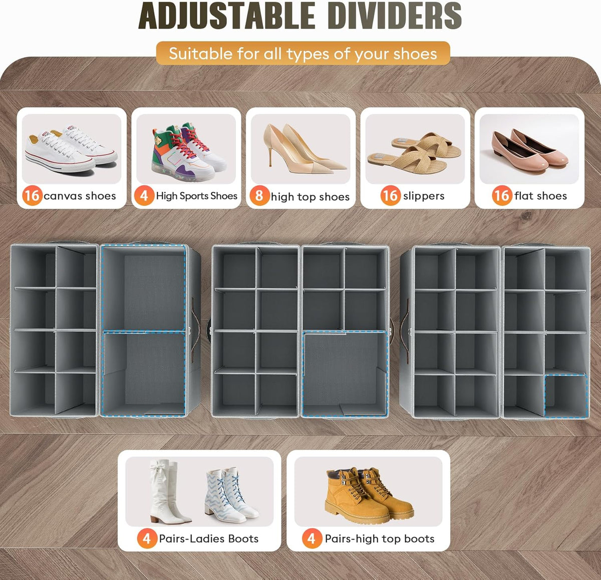 Budding Joy 2 Pack Shoe Organizer for Closet, Clear Foldable Shoe Storage Containers Adjustable Dividers Fits 16 Pairs,Shoe Storage Bins Baskets Boxes with Reinforced Handles Light grey