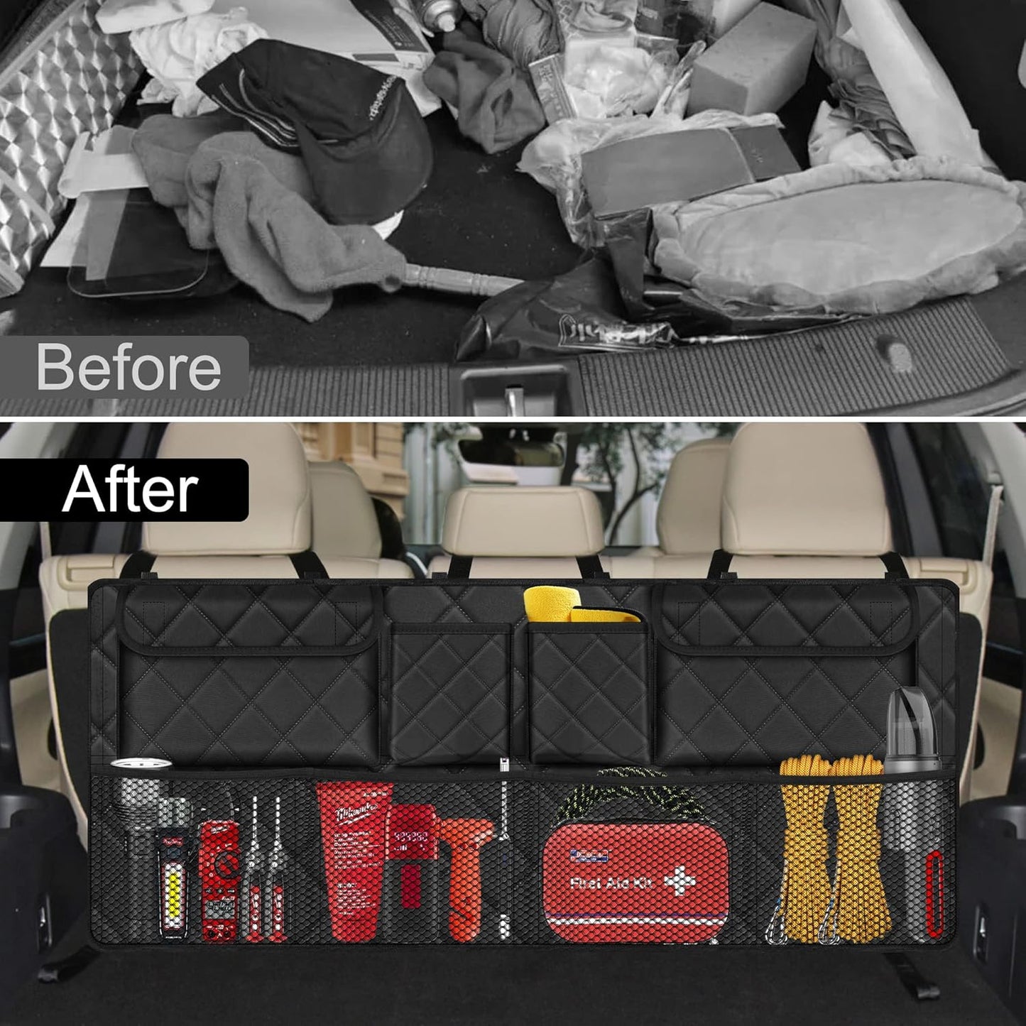 Femuar Car Trunk Organizer, Large Capacity Backseat Trunk Organizer (42"*18"), Collapsible Car Storage Bag with 8 Pockets, SUV/MPV/Truck - Black