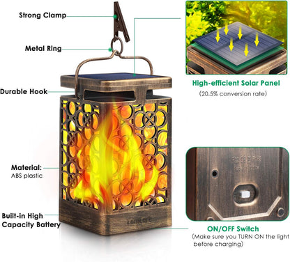 TomCare Solar Lights Upgraded Solar Lantern Flickering Flame Outdoor Hanging Lantern Decorative Lighting Solar Powered Waterproof LED Flame Umbrella Lights for Patio Garden Deck, 2 Pack(Bronze)