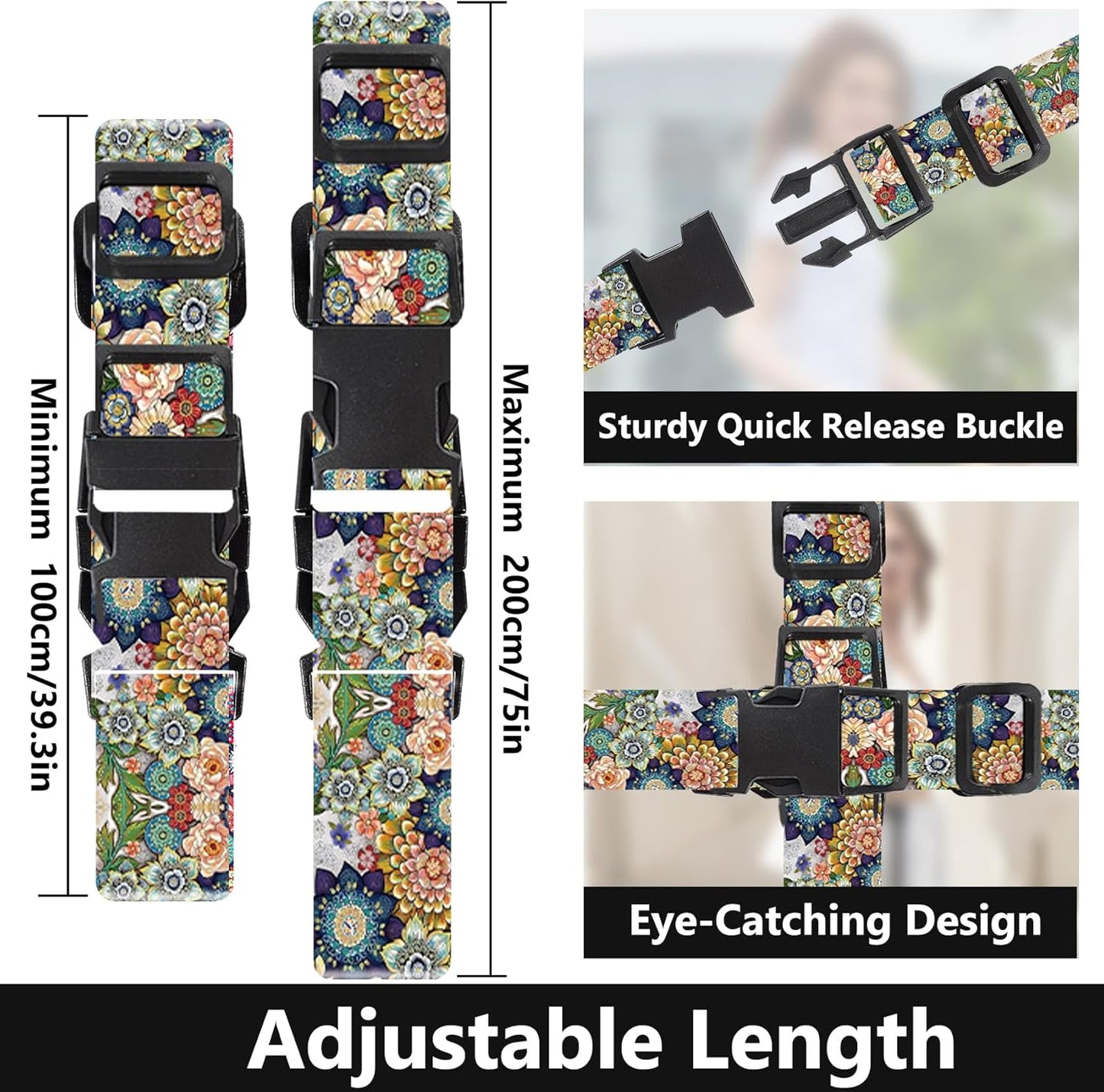 2 Pack Luggage Straps for Suitcases Adjustable Luggage Belt TSA Approved, Bright Colors Travel Packing Straps with Quick Release Buckle Unique Nylon for Sleeping Bag Car Seat, Flower Mix