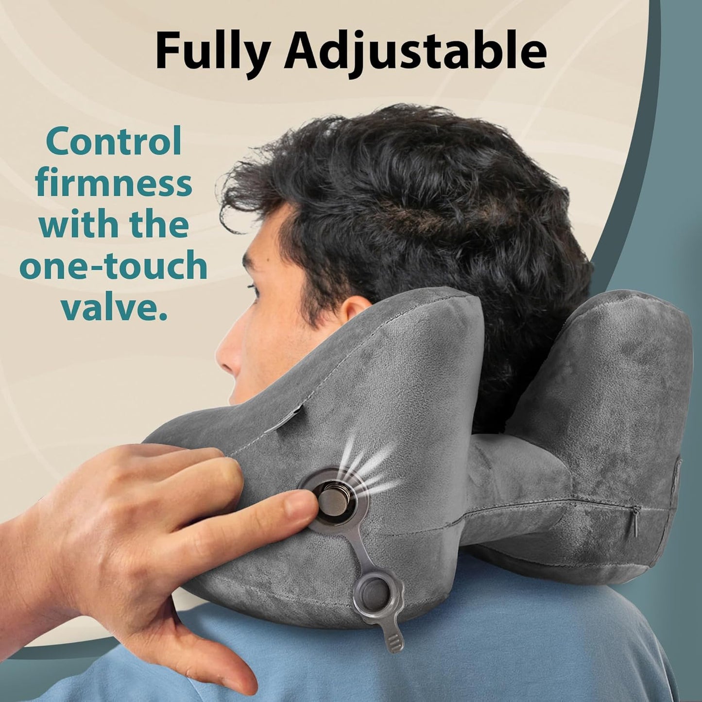 Air Inflatable Neck Pillow for Traveling on Plane - H-Shape Hooded Travel Pillow with 5 Snooze Modes, Fast Inflation, Pressure Control, Cozy Clip-On Hood & Plushy Cover - Size L, Silver Gray