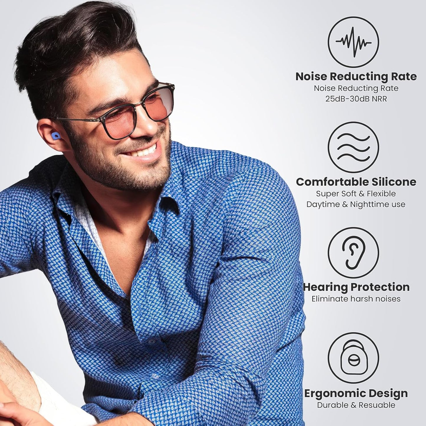 2 Pairs of Earplugs for Sleeping,Reusable Hearing Protection Earplugs with 8 Pairs Ear Tips & One Connector Cord,Soft Earplugs for Noise Reduction,Concert,Musician & Work - 25dB-30dB, Blue