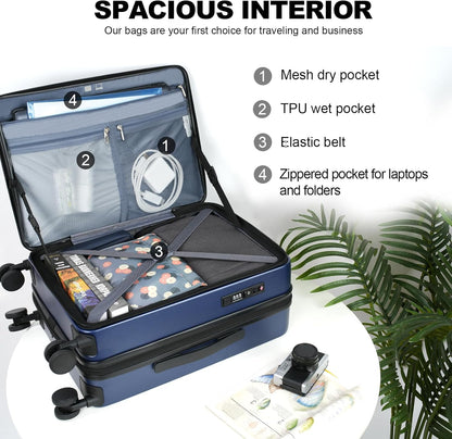 KROSER Carry On Luggage with Spinner Wheels & Built-in TSA Lock, Expandable Top Loading Hard Shell Suitcase Large Capacity Durable Rolling Luggage with USB Port, Carry-On 20-Inch, Navy