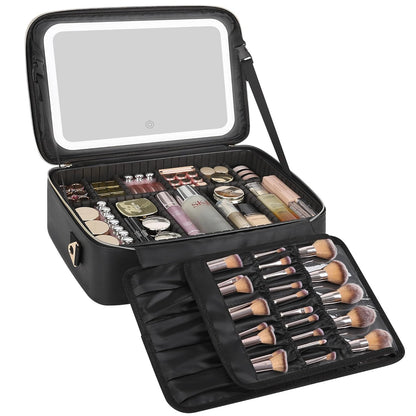 Relavel Travel Makeup Bag With LED Mirror, 16.2" Large Makeup Train Case, 3 Color Scenarios Adjustable Brightness, Waterproof Makeup Train Case Organizer with DIY Dividers for Makeup Artist, Black