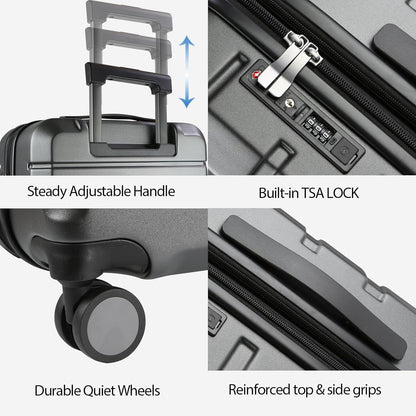 KROSER Hardside Expandable Carry On Luggage with Spinner Wheels & Built-in TSA Lock, Durable Suitcase Rolling Luggage with USB Port, Carry-On 20-Inch Steel Grey