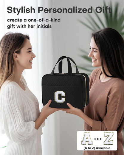 HOTOR Travel Toiletry Bag - Personalized Chenille Initial Makeup Bag, Water-Resistant Personalized Gifts for Women, Portable Travel Accessories & Essentials, Letter C, Black, 11.4"×9.0"×3.35"