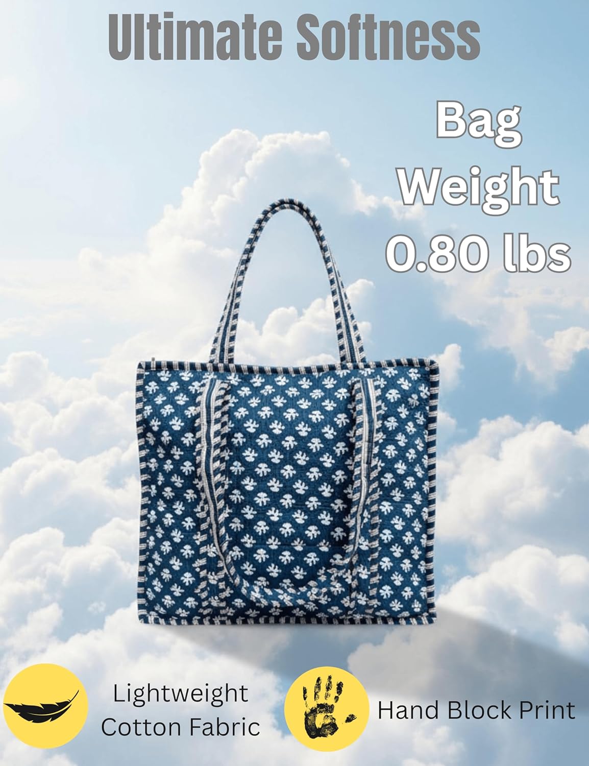 Cotton Quilted Tote Bag for Women – Large Beach & Travel Tote with Zipper, Reusable Grocery Bag