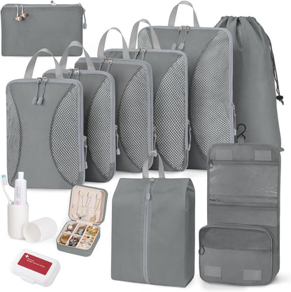 Compression Packing Cubes 12 Set, Suitcase Organizers, Extendable Packing Cubes, Gray