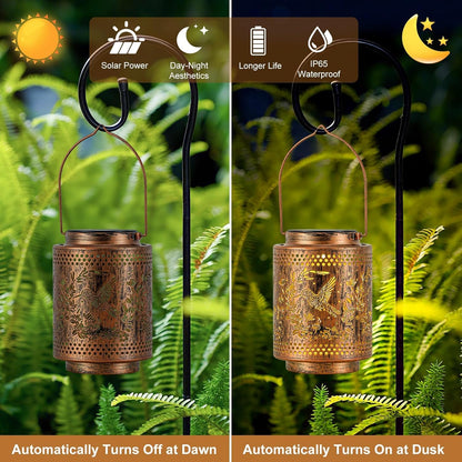 2 Pack Solar Lanterns Outdoor Waterproof Hummingbird and Iris Hanging Garden Lights with Metal Build Decorative Warm Light Solar Lamps for Patio Yard Gifts for Women