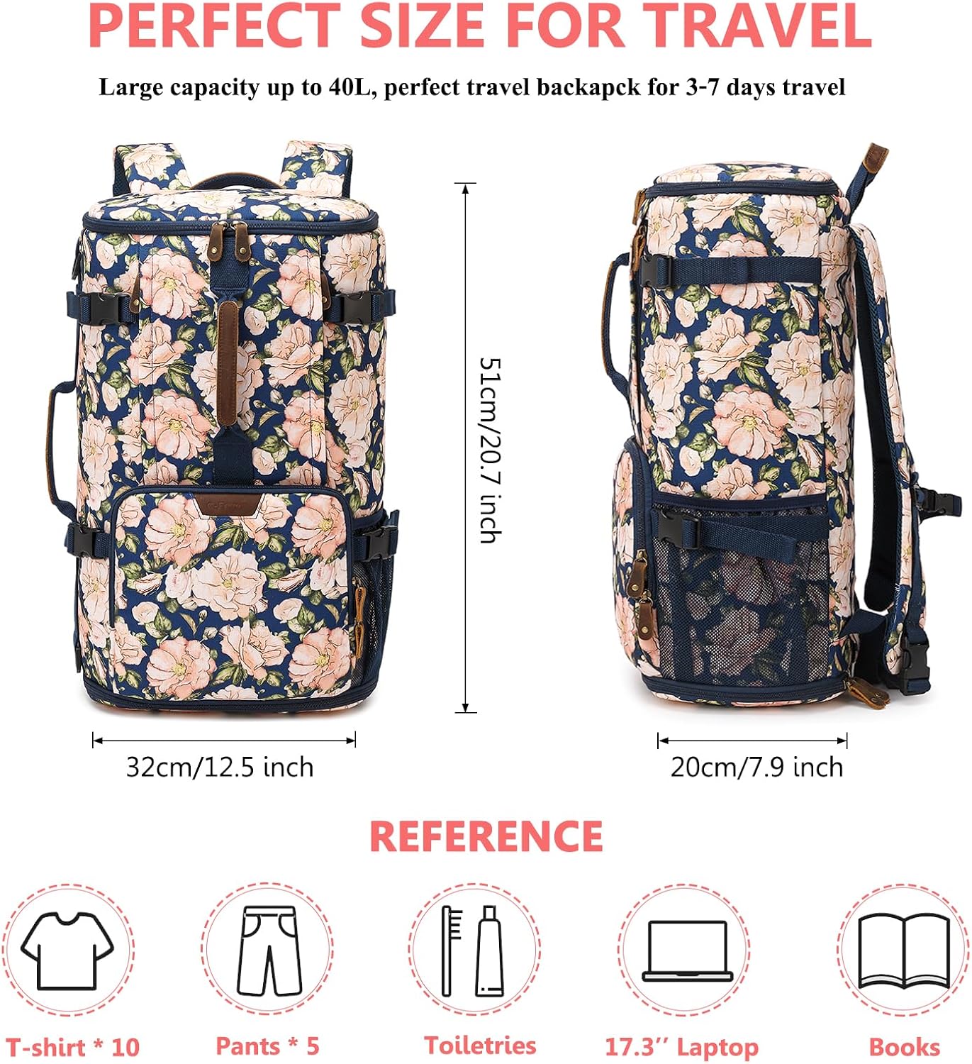 G-FAVOR Travel Backpack for Women, 40L Carry On Backpack Flight Approved Convertible Duffel Bag Backpack Fit for 17.3 Inch Laptop Bag, Floral
