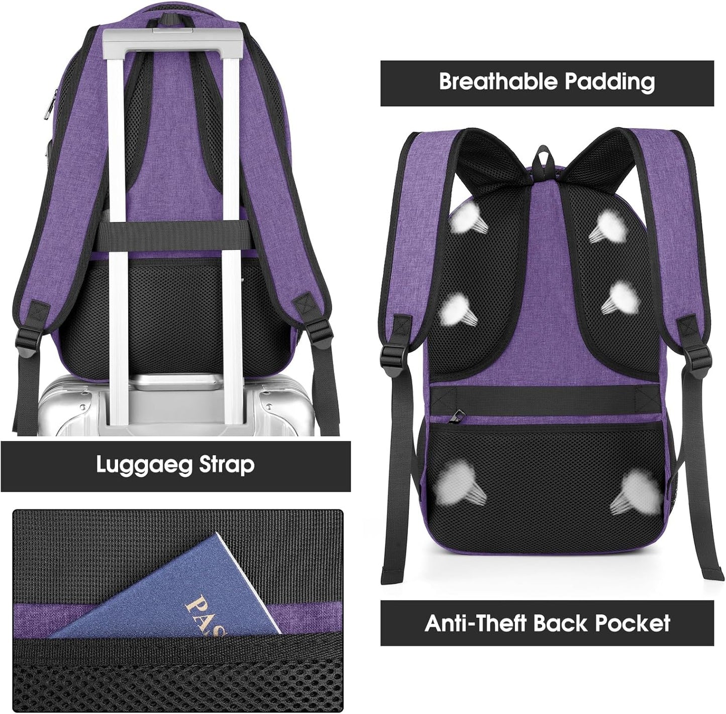 Backpack for Men Women, School Backpacks for Teen Boys, Business Anti Theft Sturdy Travel Laptop Backpack with USB Charging Port, Water Resistant 15.6 Inch Computer Bag Gift, Purple