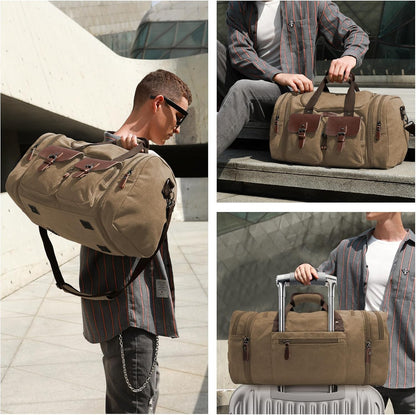 Wildroad 50L Travel Duffel Bag, Expandable Canvas Genuine Leather Duffle Bag Upgraded Overnight Weekender Carry on Bag