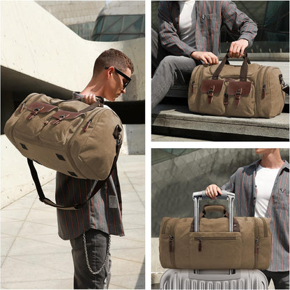 Wildroad 60L Travel Duffel Bag, Expandable Canvas Genuine Leather Duffle Bag Upgraded Overnight Weekender Bag Carry on Bag (Coffee, X Large-60L)
