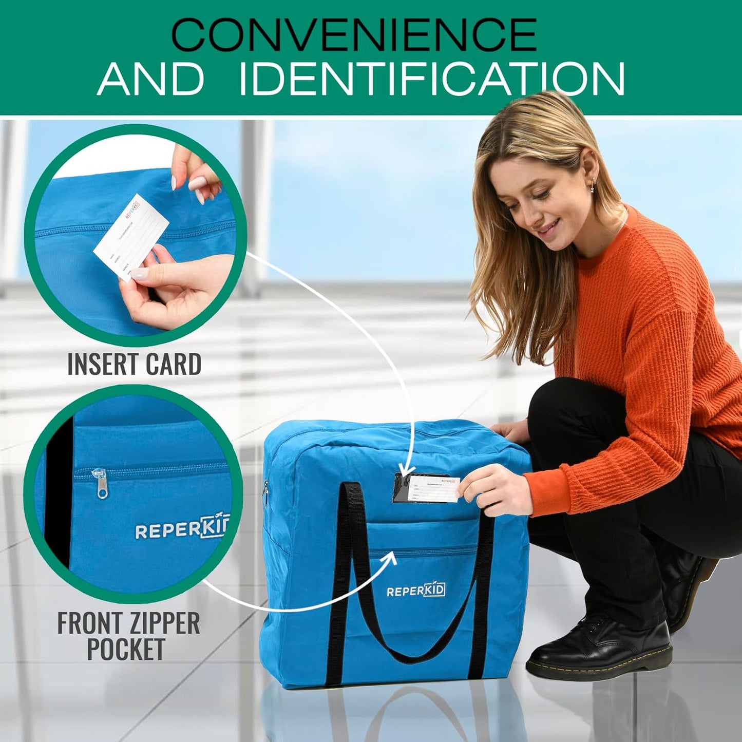 Reperkid Booster Seat Travel Bag for Airplane, Blue, 17" H x 16.5" W x 9.5" D, Compatible with Gb Pockit Stroller and Most Boosters– Premium Waterproof Cover, Hand Bag Design, Durable Zipper