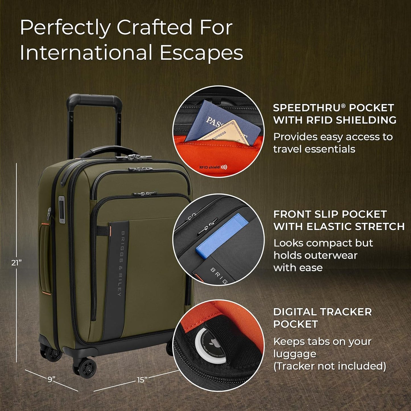 Briggs & Riley International 21" Carry On Expandable Spinner - Luggage for Travel, Suitcases with Wheels, Softside Rolling Bag for Men & Women - ZDX Collection, Hunter