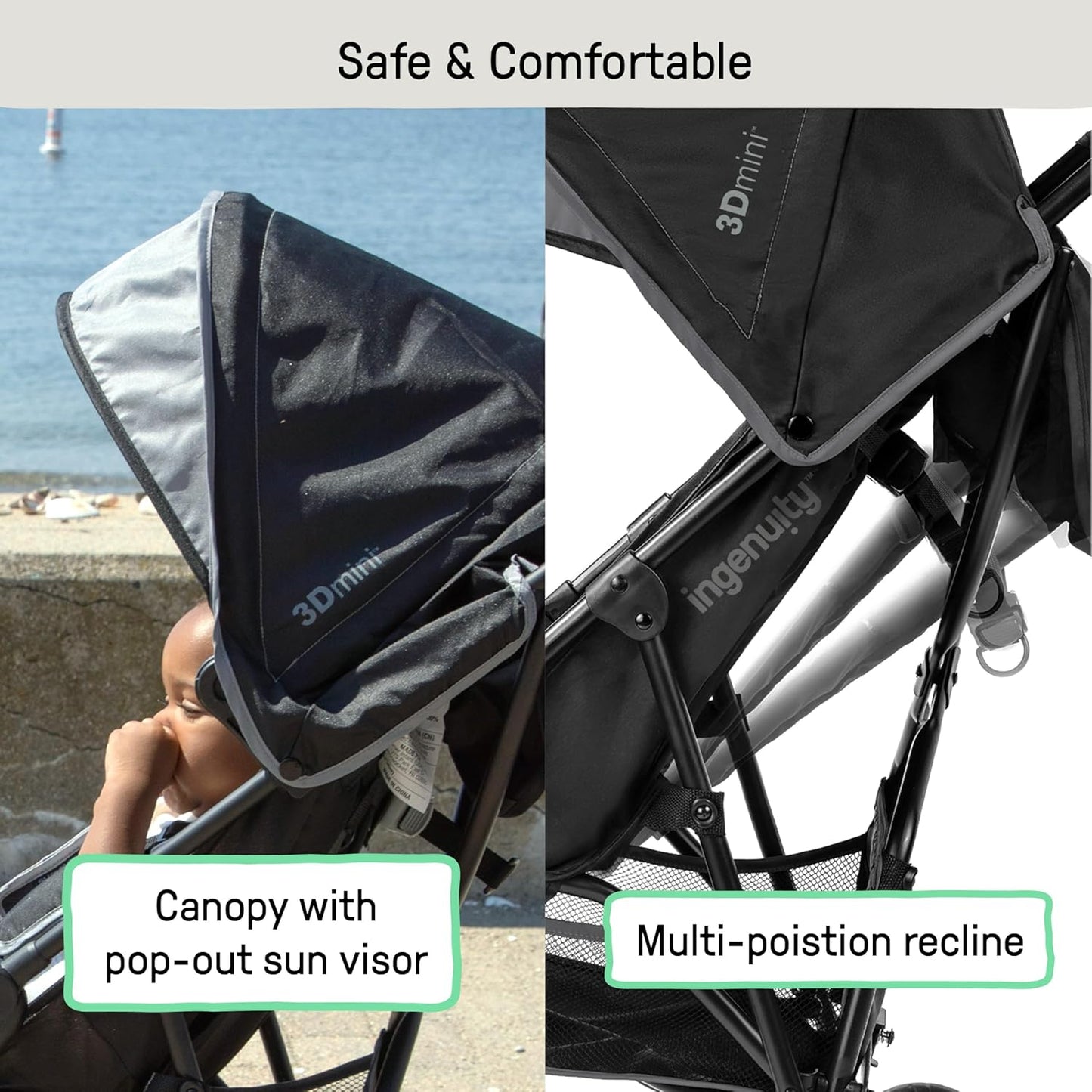 Ingenuity3D Mini Convenience Stroller – Lightweight Stroller with Compact Fold, Multi-Position Recline, Canopy with Pop Out Sun Visor and More – Umbrella Stroller for Travel and More, Gray