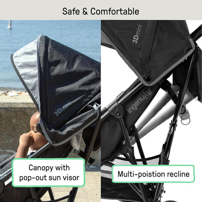 Ingenuity3D Mini Convenience Stroller – Lightweight Stroller with Compact Fold, Multi-Position Recline, Canopy with Pop Out Sun Visor and More – Umbrella Stroller for Travel and More, Gray