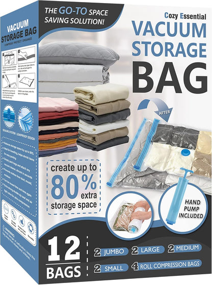 12 Pack Vacuum Storage Bags, Space Saver Vacuum Storage Bags, Vacuum Seal Bags for Clothing, Clothes, Comforters and Blankets, Hand Pump Included