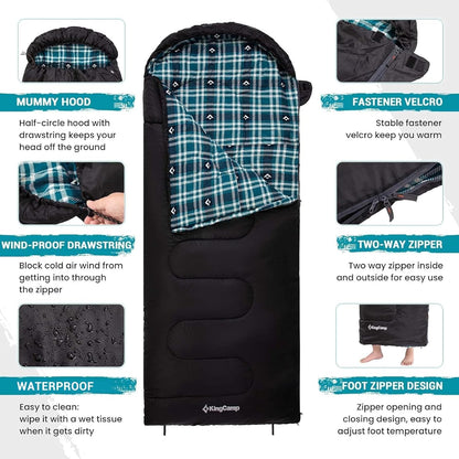 KingCamp Sleeping Bag for Adults, Cold Weather & Warm XL Big and Tall Flannel Sleeping Bags with Compression Sack Portable Waterproof Essentials Gear Accessories for Outdoor Camping