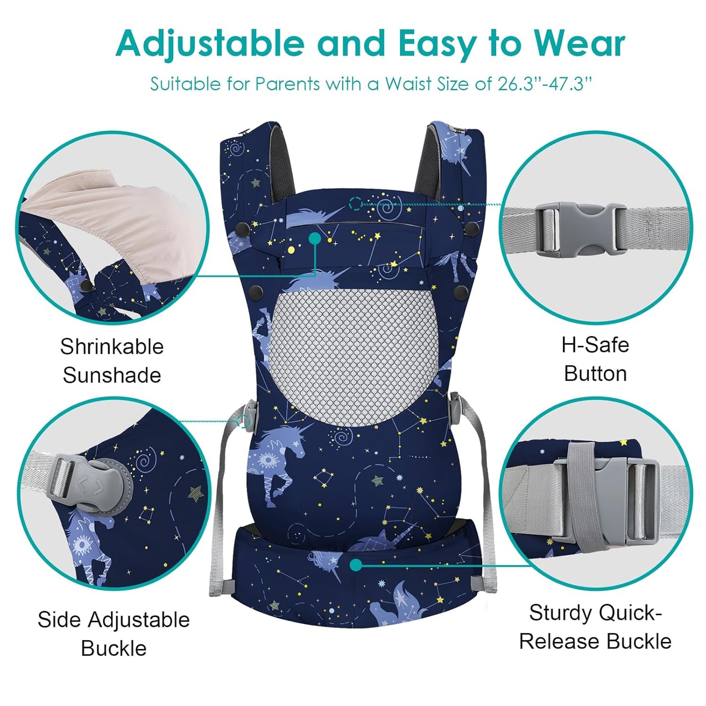 Unicorn Newborn Baby Front Carrier Backpack, Toddler Baby Body Carrier, 7-66 Lbs Ergonomic Design, Lumbar Support, Lightweight