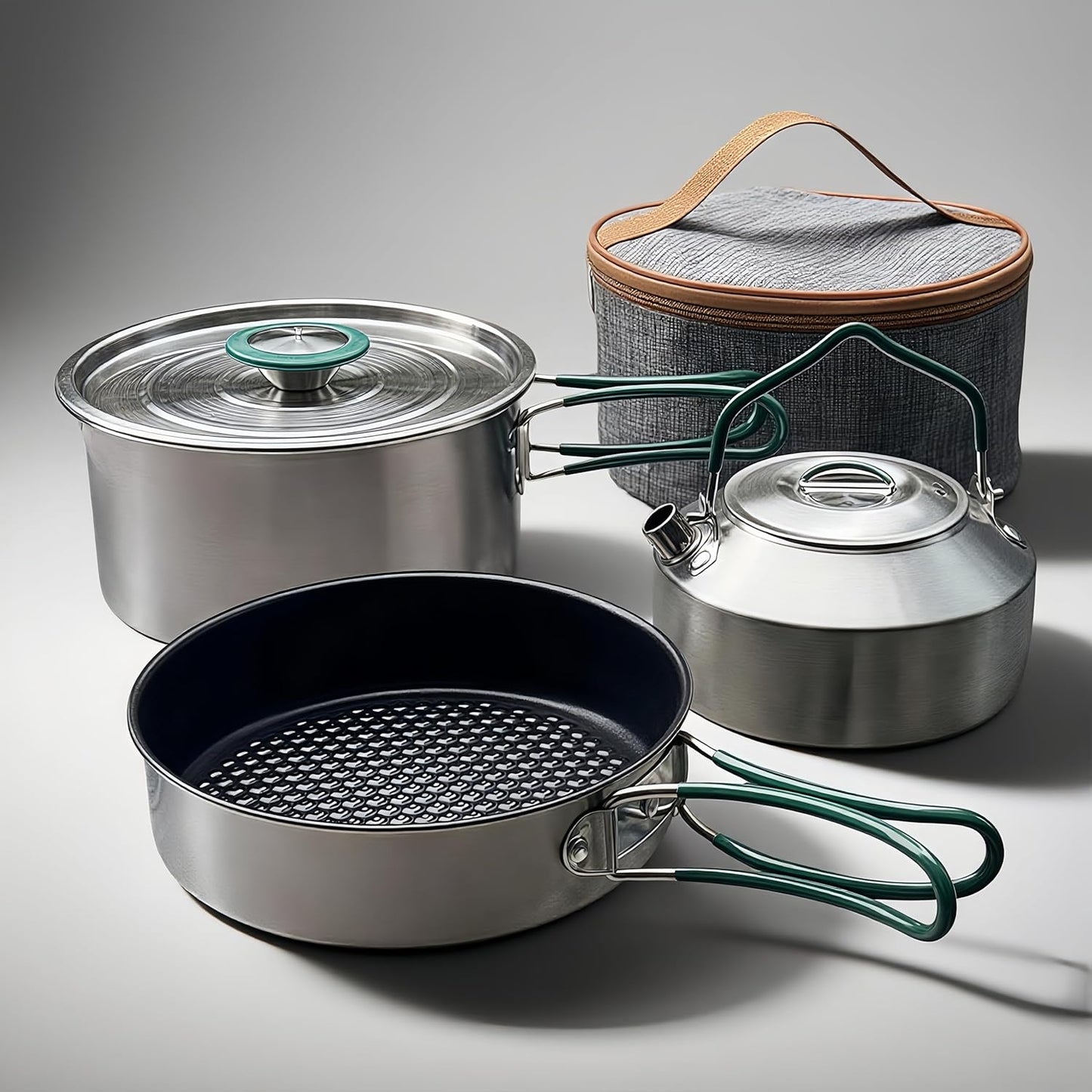Stainless Steel Camping Cookware, durable, easy to clean, and quick to heat up. Compact camping cookware set, perfect for family picnics, camping, backpacking, hiking.