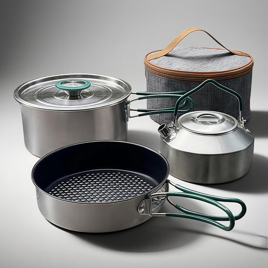 Stainless Steel Camping Cookware, durable, easy to clean, and quick to heat up. Compact camping cookware set, perfect for family picnics, camping, backpacking, hiking.