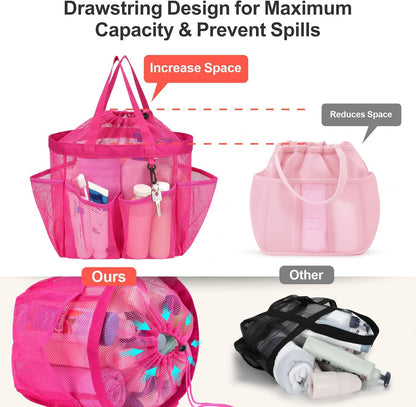 F-color Mesh Shower Caddy Portable with Drawstring - Upgrade Deeper 7 Pockets Dorm Room Essentials for Guys Girls with S Hook, Shower Bag Basket Tote for College Camping Toiletry Bathroom, Rose red