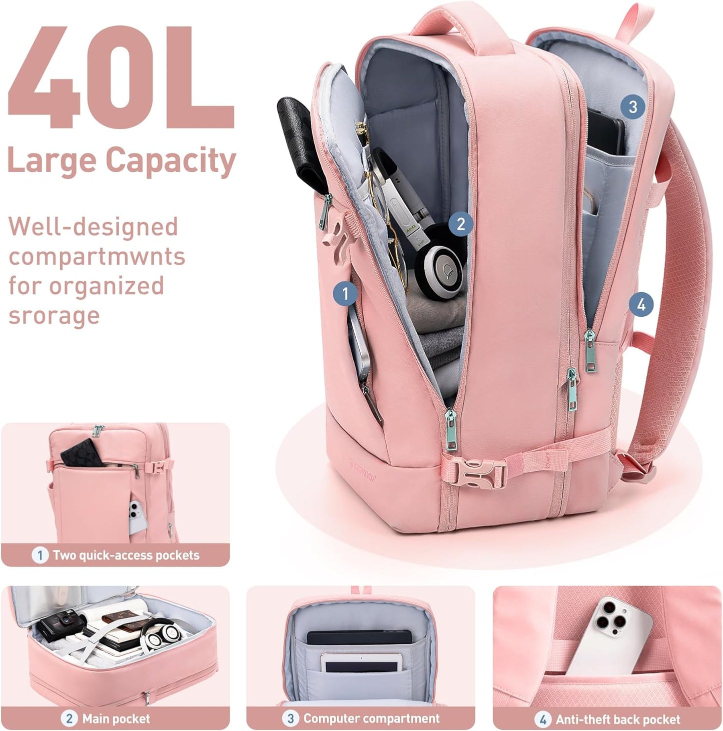 SHOWKOO Travel Backpack For Man Women, Airline Approved Carry On Laptop Backpack For Business, 40L Expandable Large Capacity Backpack, Pink