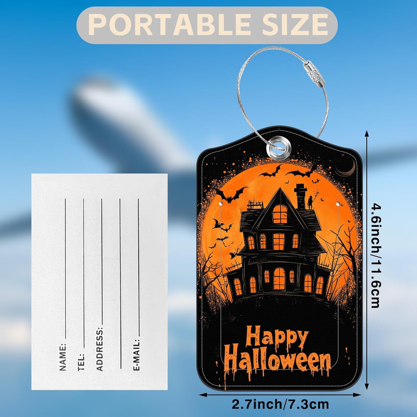 2 Pack Bat and Ghost Luggage Tags for Suitcases Happy Halloween Castle Leather Luggage Tags Privacy Cover ID Label with Stainless Steel Loop and Address Card for Women Men Travel Bag Backpack