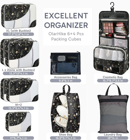 ALL INCLUDED 10 Set Durable Packing Cubes for Suitcases,OlarHike Essentials for Travel,UPGRADED Anti-Tear Stitching, NEW Improved Luggage Packing Organizers for Travel Accessories, Black Flower