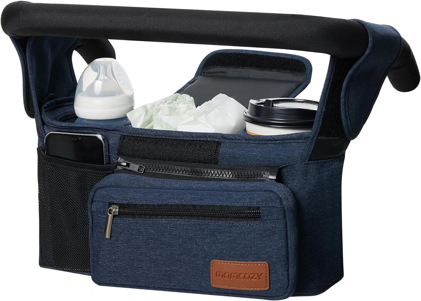 Momcozy Universal Baby Stroller Organizer, 2 Insulated Cup Holder, Detachable Zippered Pocket, Adjustable Shoulder Strap, Large capacity for baby essentials, Compact Design Fits Any Strollers