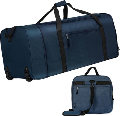 Finnhomy 100L Foldable Rolling Duffel Bag with 2 Wheels, Light Weight Travel Duffel bag with Large Loading Capacity, 32 inch Rolling Duffel bag with Shoulder Strap for Travel Camping Sports, Dark Blue